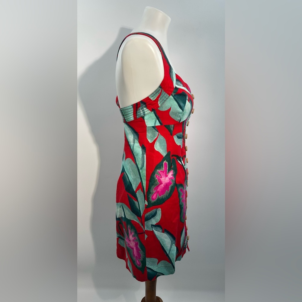 Farm Rio Summer Foliage Linen Mini Dress XS Button Front Tropical Crossback Red - Picture 7 of 12